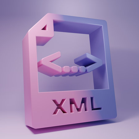 Purple XML file document. Download xml button icon isolated on purple background. XML file symbol....