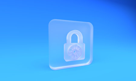 Frosted glass Safe combination lock wheel icon isolated on blue background. Combination padlock. Security, safety, protection, password, privacy. Square frosted glass button. 3D render illustration.の写真素材