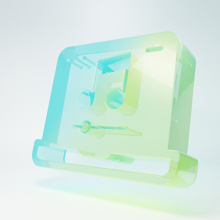 Frosted glass Laptop with music note symbol on screen icon isolated on white background. Minimalism concept. 3D render illustration.の写真素材