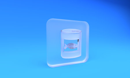 Frosted glass Canned food for cat icon isolated on blue background. Fish skeleton sign. Food for animals. Pet dog food can. Square frosted glass button. 3D render illustration.の写真素材