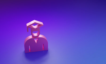 Pink Graduate and graduation cap icon isolated on purple-blue background. Minimalism concept. 3D render illustration.の写真素材