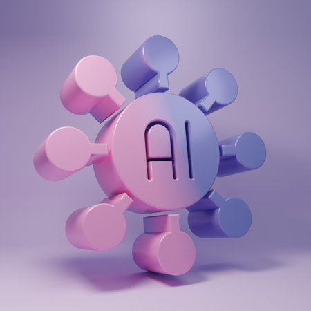 Purple Neural network icon isolated on purple background. Artificial intelligence AI. Minimalism concept. 3D render illustration.の写真素材