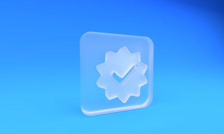 Frosted glass Approved or certified medal and check mark icon isolated on blue background. Square frosted glass button. 3D render illustration.の写真素材