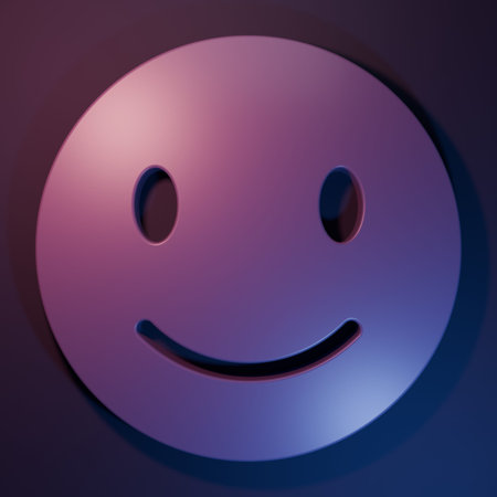 Purple Smile face icon isolated on purple-blue background. Smiling emoticon. Happy smiley chat symbol. Minimalism concept. 3D render illustration.の写真素材