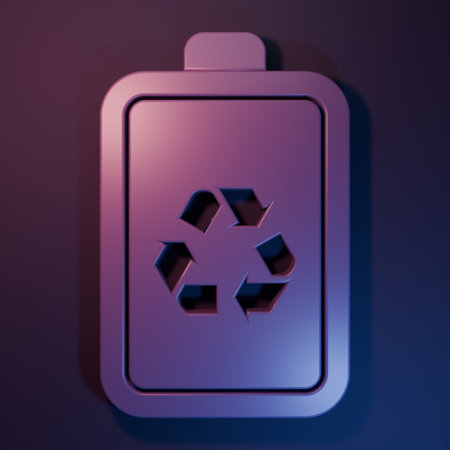 Purple Battery with recycle symbol line icon isolated on purple-blue background. Battery with...