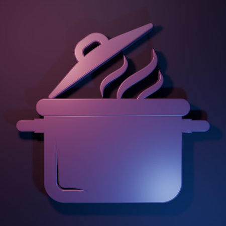 Purple Cooking pot icon isolated on purple-blue background. Boil or stew food symbol. Minimalism concept. 3D render illustration.の写真素材