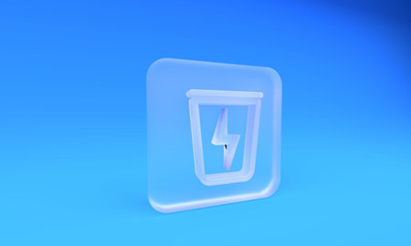 Frosted glass Lightning with trash can icon isolated on blue background. Waste to energy. Garbage bin sign. Recycle basket sign. Square frosted glass button. 3D render illustration.の写真素材
