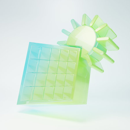 Frosted glass Solar energy panel and sun icon isolated on white background. Minimalism concept. 3D...