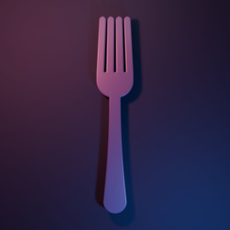 Purple Fork icon isolated on purple-blue background. Cutlery symbol. Minimalism concept. 3D render...