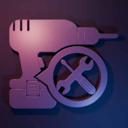 Purple Drill machine with screwdriver and wrench icon isolated on purple-blue background. Adjusting, service, setting, maintenance, repair, fixing. Minimalism concept. 3D render illustration.の写真素材