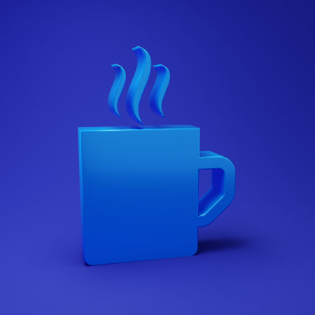 Blue Coffee cup icon isolated on blue background. Tea cup. Hot drink coffee. Minimalism concept. 3D...