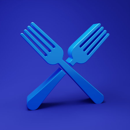 Blue Crossed fork icon isolated on blue background. Cutlery symbol. Minimalism concept. 3D render...