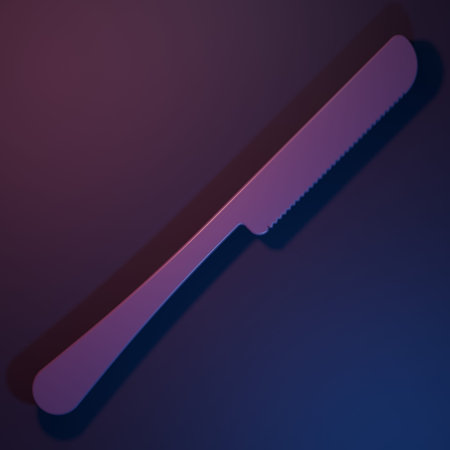 Purple Knife icon isolated on purple-blue background. Cutlery symbol. Minimalism concept. 3D render...
