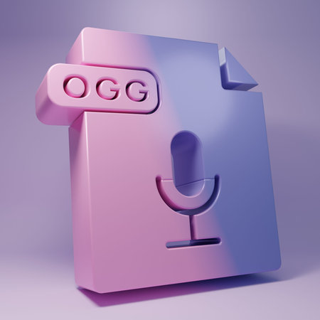 Purple OGG file document. Download ogg button icon isolated on purple background. OGG file symbol. Minimalism concept. 3D render illustration.の写真素材