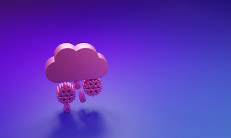 Pink Cloud with snow and rain icon isolated on purple-blue background. Weather icon. Minimalism...