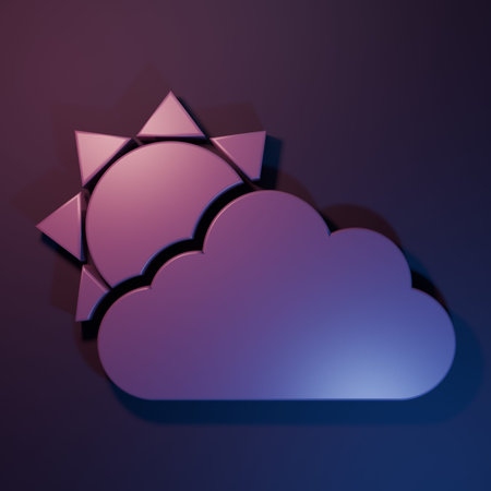Purple Sun and cloud weather icon isolated on purple-blue background. Minimalism concept. 3D render illustration.の写真素材