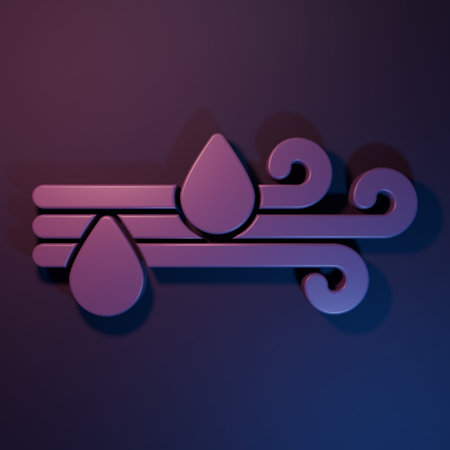 Purple Wind and rain icon isolated on purple-blue background. Windy weather. Minimalism concept. 3D render illustration.の写真素材