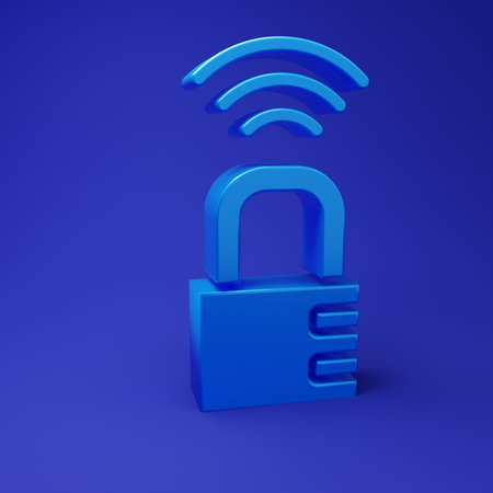 Blue Smart safe combination lock icon isolated on blue background. Combination padlock. Security, safety, protection, password, privacy. Minimalism concept. 3D render illustration.の写真素材