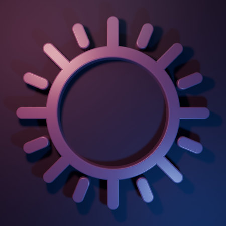 Purple Sun icon isolated on purple-blue background. Minimalism concept. 3D render illustration.の写真素材