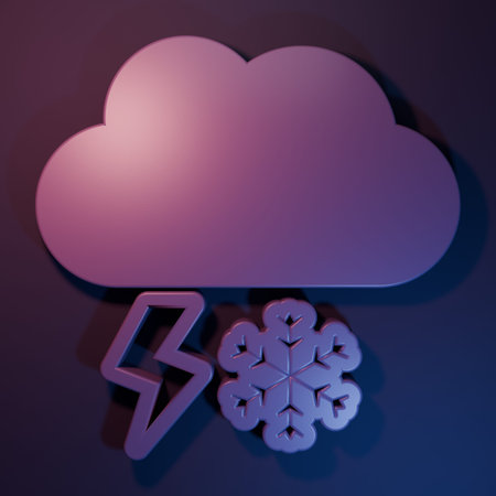 Purple Cloud with snow and lightning icon isolated on purple-blue background. Cloud with snowflakes. Single weather icon. Snowing sign. Minimalism concept. 3D render illustration.の写真素材