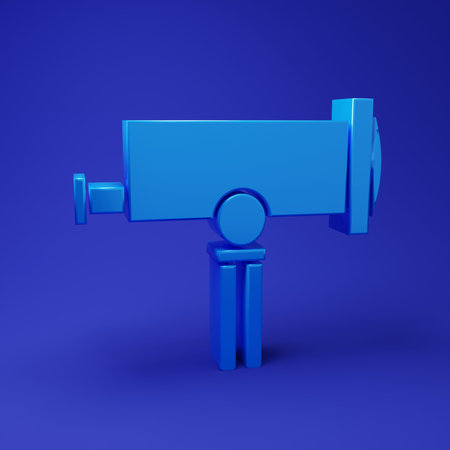 Blue Telescope icon isolated on blue background. scientific tool. Education and astronomy element,...