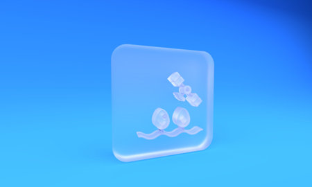Frosted glass Smart farm with drone control and tree icon isolated on blue background. Innovation technology for agricultural company. Square frosted glass button. 3D render illustration.の写真素材