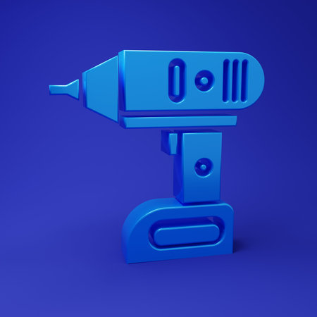 Blue Electric cordless screwdriver icon isolated on blue background. Electric drill machine. Repair tool. Minimalism concept. 3D render illustration.の写真素材