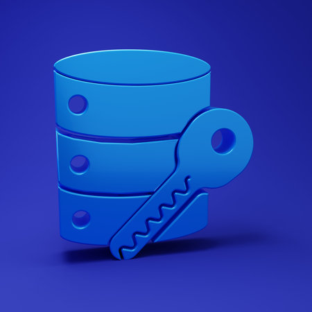 Blue Server security with key icon isolated on blue background. Security, safety, protection...