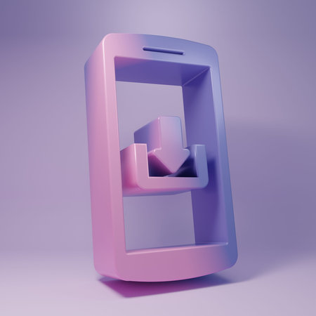 Purple Smartphone with download icon isolated on purple background. Minimalism concept. 3D render...