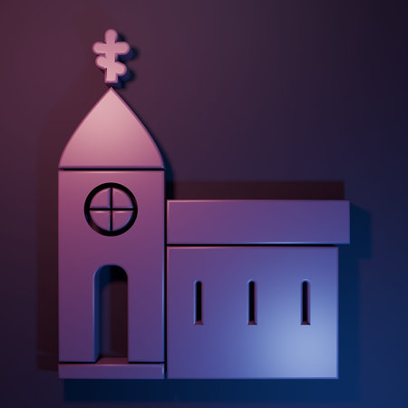 Purple Church building icon isolated on purple-blue background. Christian Church. Religion of church. Minimalism concept. 3D render illustration.の写真素材