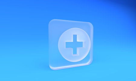 Frosted glass Medical cross in circle icon isolated on blue background. First aid medical symbol. Square frosted glass button. 3D render illustration.の写真素材
