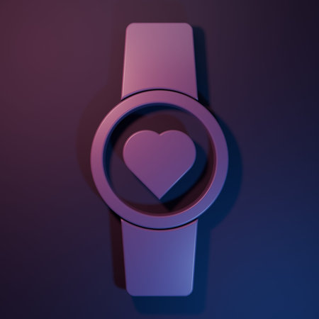 Purple Smart watch showing heart beat rate icon isolated on purple-blue background. Fitness App...