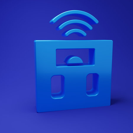 Blue Smart bathroom scales icon isolated on blue background. Weight measure equipment. Internet of things concept with wireless connection. Minimalism concept. 3D render illustration.の写真素材