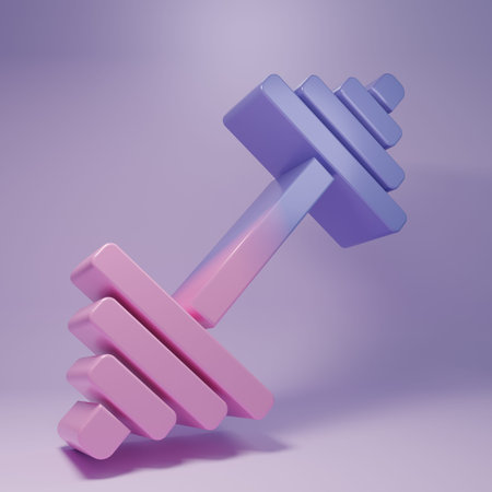 Purple Dumbbell icon isolated on purple background. Muscle lifting icon, fitness barbell, gym, sports equipment, exercise bumbbell. Minimalism concept. 3D render illustration.の写真素材