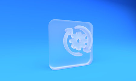 Frosted glass Gear and arrows as workflow concept icon isolated on blue background. Gear reload sign. Square frosted glass button. 3D render illustration.の写真素材