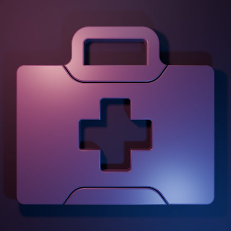 Purple First aid kit icon isolated on purple-blue background. Medical box with cross. Medical equipment for emergency. Healthcare concept. Minimalism concept. 3D render illustration.の写真素材
