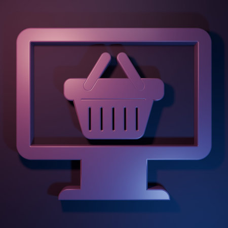 Purple Computer monitor with shopping basket icon isolated on purple-blue background. Online Shopping cart. Supermarket basket symbol. Minimalism concept. 3D render illustration.の写真素材