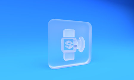 Frosted glass Contactless payment icon isolated on blue background. Smartwatch with nfc technology making wireless contactless transactions. Square frosted glass button. 3D render illustration.の写真素材
