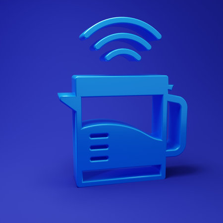 Blue Smart electric kettle system icon isolated on blue background. Teapot icon. Internet of things concept with wireless connection. Minimalism concept. 3D render illustration.の写真素材