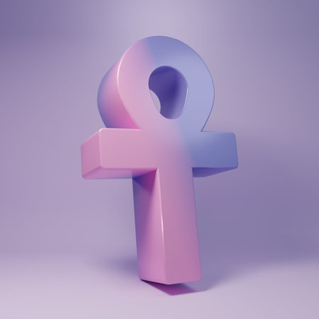 Purple Cross ankh icon isolated on purple background. Minimalism concept. 3D render illustration.の写真素材