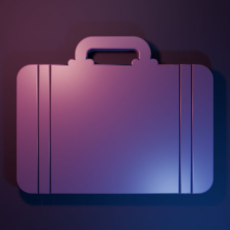 Purple Suitcase for travel icon isolated on purple-blue background. Traveling baggage sign. Travel luggage icon. Minimalism concept. 3D render illustration.の写真素材