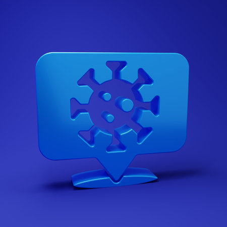 Blue Corona virus 2019-nCoV on location icon isolated on blue background. Bacteria and germs, cell cancer, microbe, fungi. Minimalism concept. 3D render illustration.の写真素材