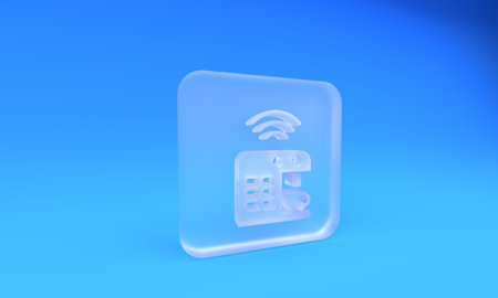 Frosted glass Smart coffee machine system icon isolated on blue background. Internet of things concept with wireless connection. Square frosted glass button. 3D render illustration.の写真素材