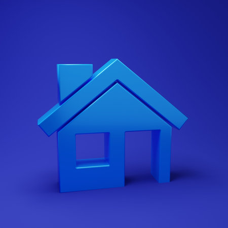 Blue House icon isolated on blue background. Home symbol. Minimalism concept. 3D render illustration.の写真素材