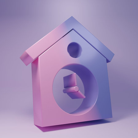 Purple Retro wall watch icon isolated on purple background. Cuckoo clock sign. Antique pendulum...