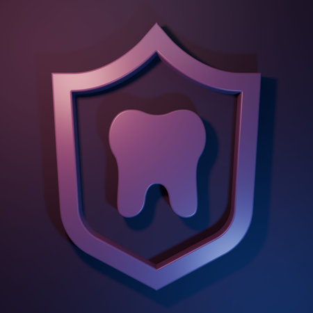Purple Dental protection icon isolated on purple-blue background. Tooth on shield logo. Minimalism concept. 3D render illustration.の写真素材