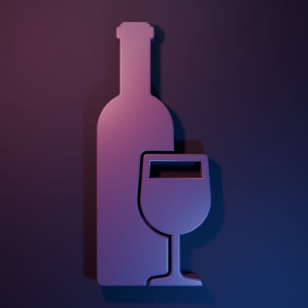 Purple Wine bottle with wine glass icon isolated on purple-blue background. Minimalism concept. 3D render illustration.の写真素材
