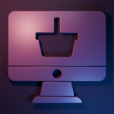 Purple Computer monitor with shopping basket icon isolated on purple-blue background. Online Shopping cart. Supermarket basket symbol. Minimalism concept. 3D render illustration.の写真素材
