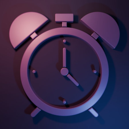 Purple Alarm clock icon isolated on purple-blue background. Wake up, get up concept. Time sign. Minimalism concept. 3D render illustration.の写真素材