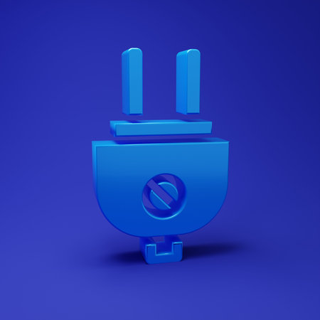 Blue Electric plug icon isolated on blue background. Concept of connection and disconnection of the electricity. Minimalism concept. 3D render illustration.の写真素材